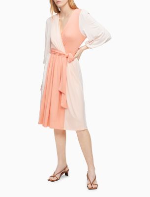 Colorblock V-Neck 3/4 Sleeve Belted Wrap Dress | Calvin Klein